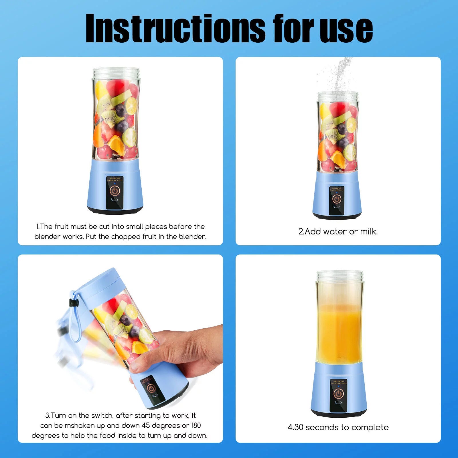 USB Rechargeable Portable Juicer - 350ML Fruit Smoothie & Juice Blender Cup in Blue