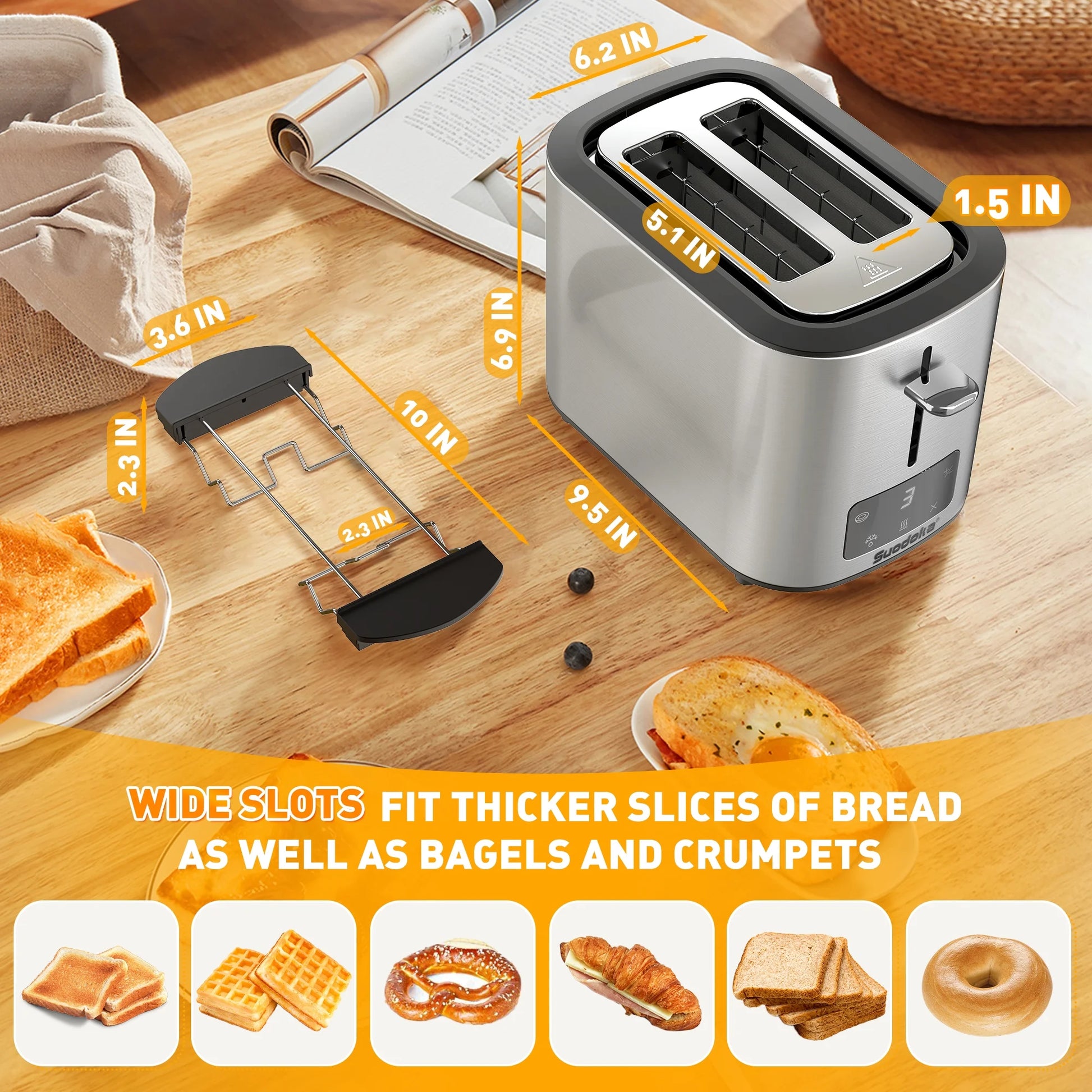 2-Slice Wide Slot Touchscreen Toaster with 6 Shade Settings - Perfect for Bagels, Defrosting, and Reheating!