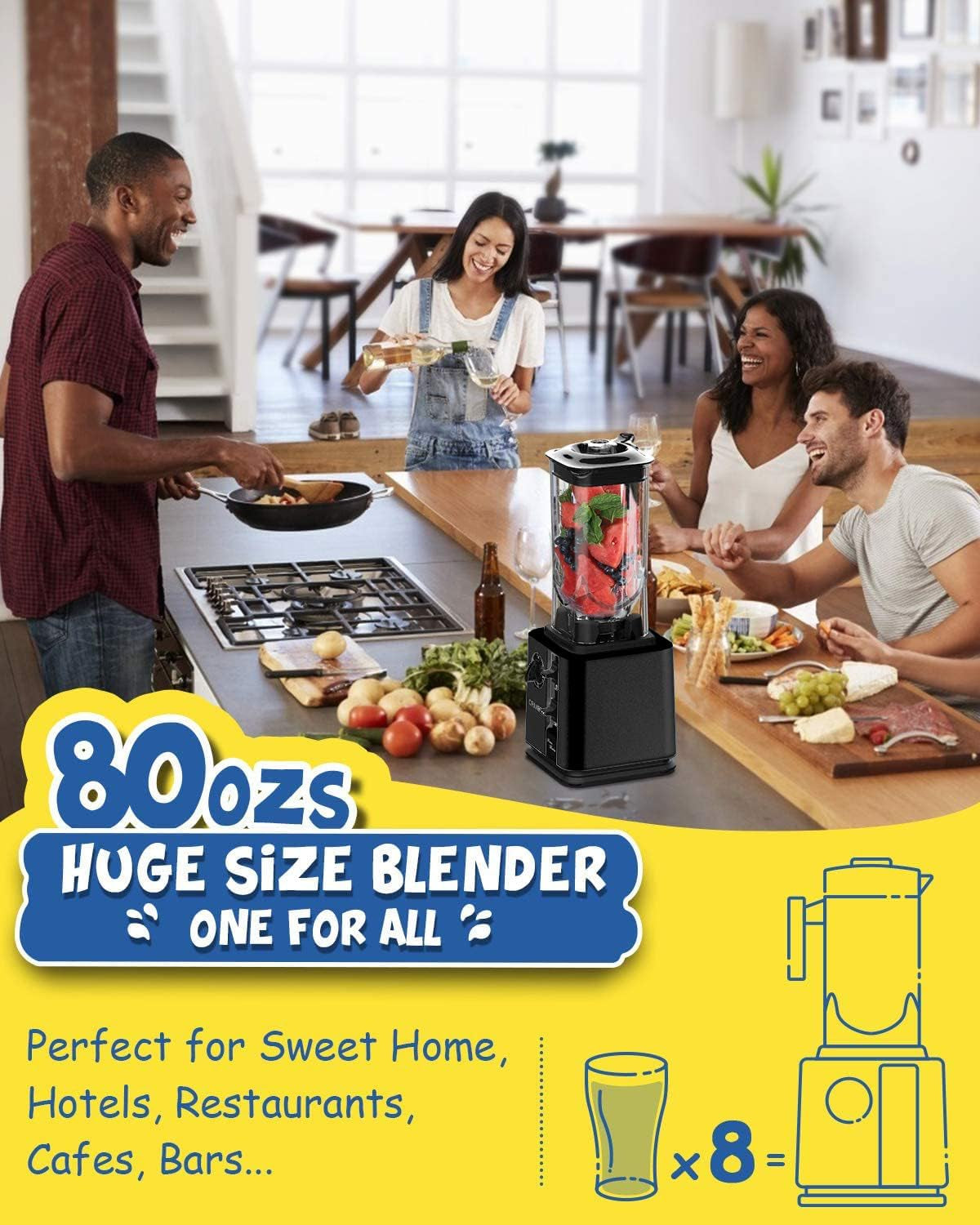 1800W High-Speed Commercial Blender - 80Oz Professional Smoothie Maker with Self-Cleaning, Tamper & 20Oz To-Go Cup (Black)