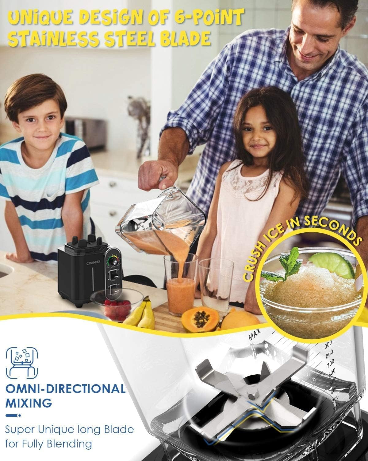 1800W High-Speed Power Blender - 52Oz Countertop Blender for Smoothies & Shakes, Easy to Clean, K98C, Sleek Black Design