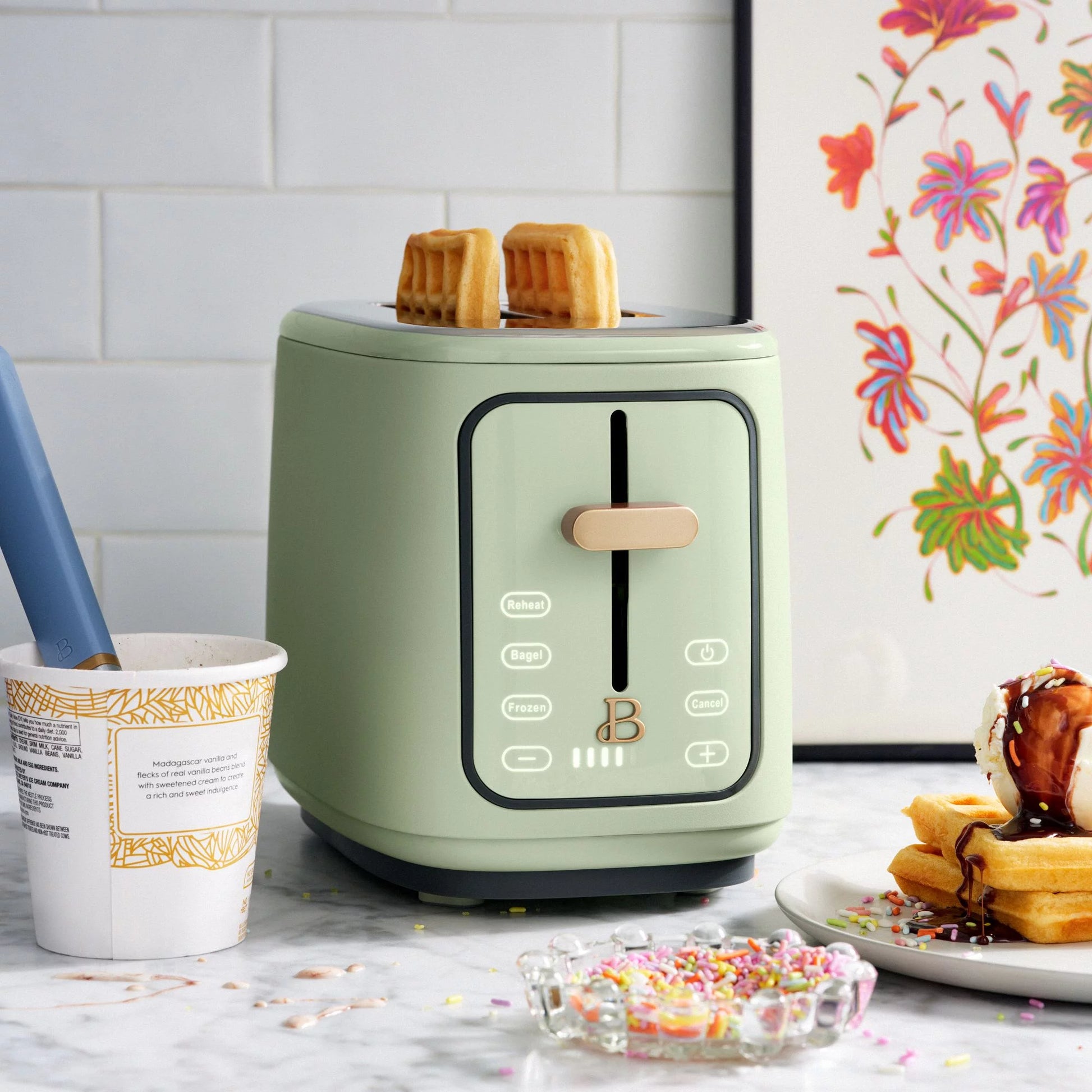 Drew Barrymore Sage Green Touch-Activated 2 Slice Toaster - Stylish & Functional Kitchen Essential