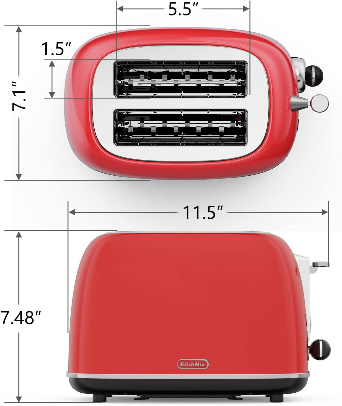 Retro Red 2-Slice Stainless Steel Toaster with 6 Settings, Extra Wide Slots, and Removable Crumb Tray