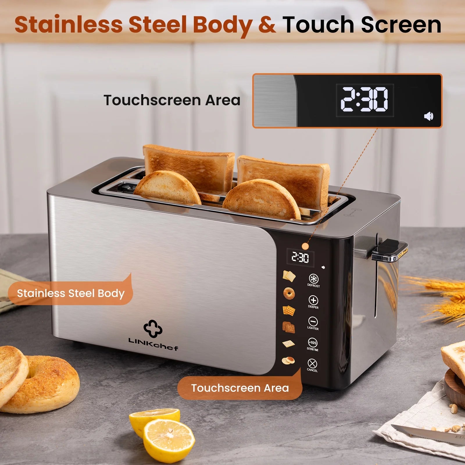 Smart 4-Slice Toaster – Touch Screen Control, Extra-Wide Slots, Stainless Steel with Timer, Defrost & Reheat Functions