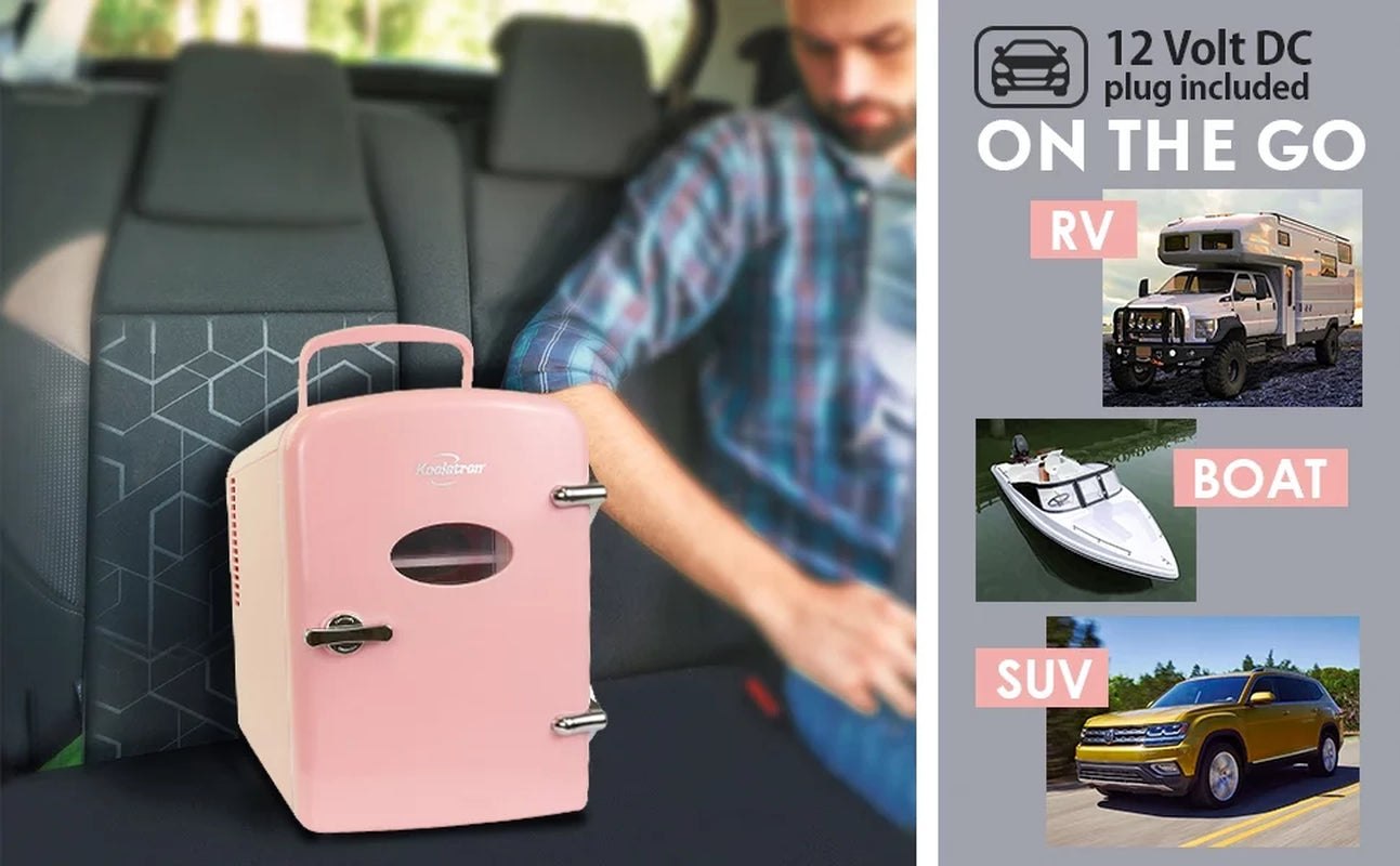 4L Retro Mini Fridge - Stylish Pink 12V DC & 110V Cooler for 6 Cans