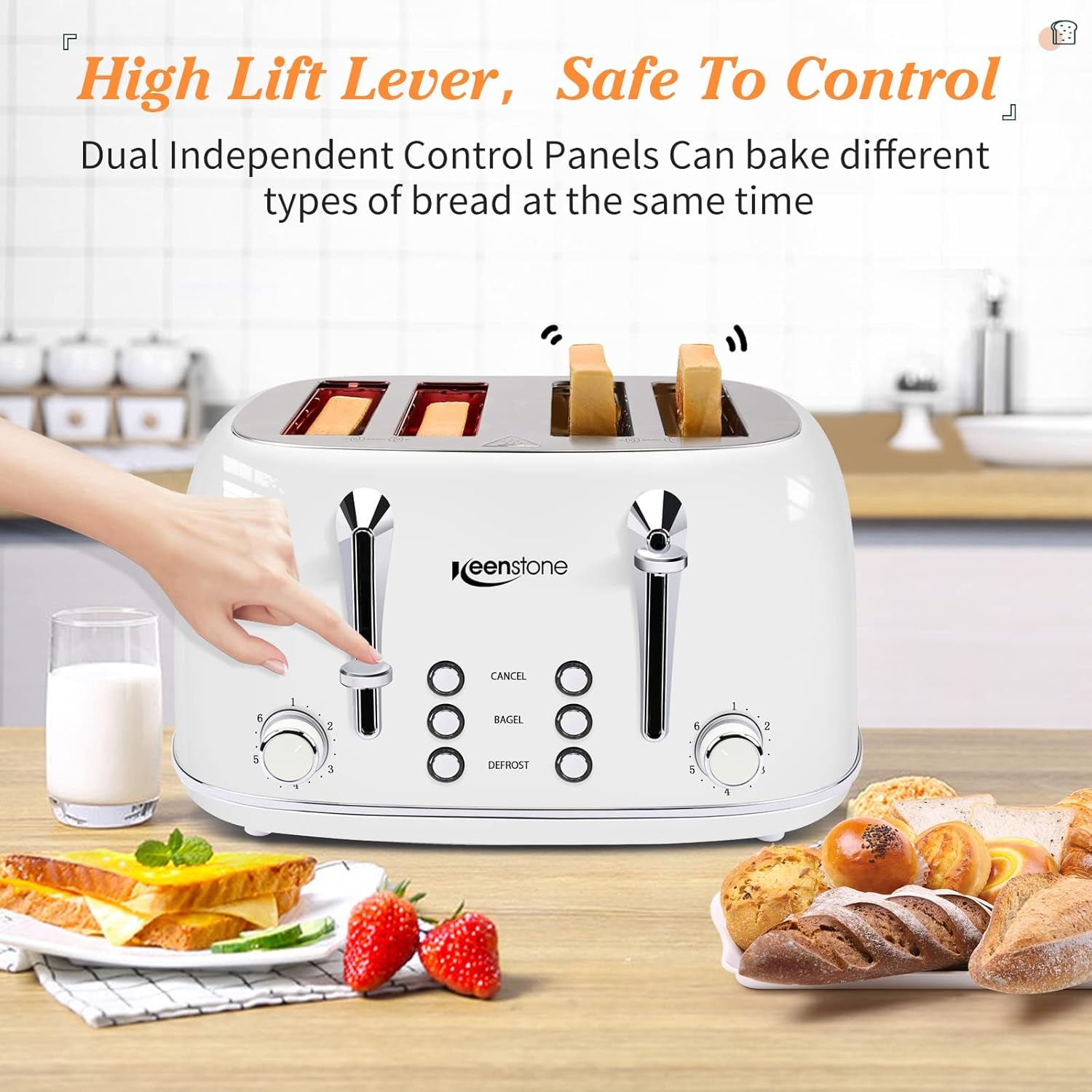 Toaster 4 Slice Stainless Steel Toaster with Bagel, Cancel, Defrost Function,  4 Slice Toaster with Removable Crumb Tray, 4 Extra Wide Slots, 6 Shade Settings, White