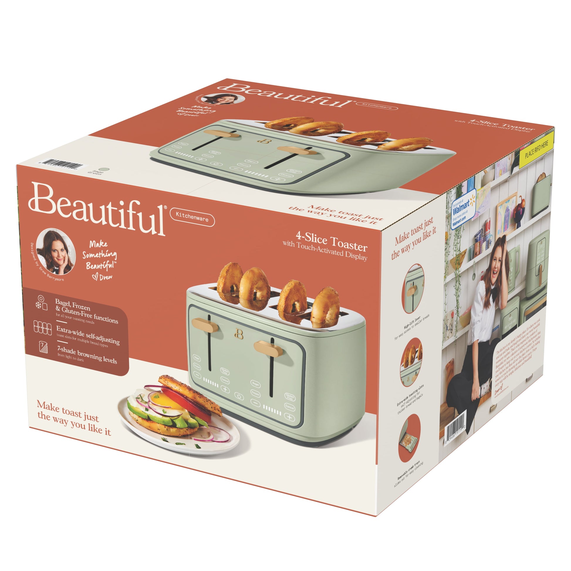 Sleek Sage Green 4-Slice Toaster with Touch-Activated Display by Drew Barrymore
