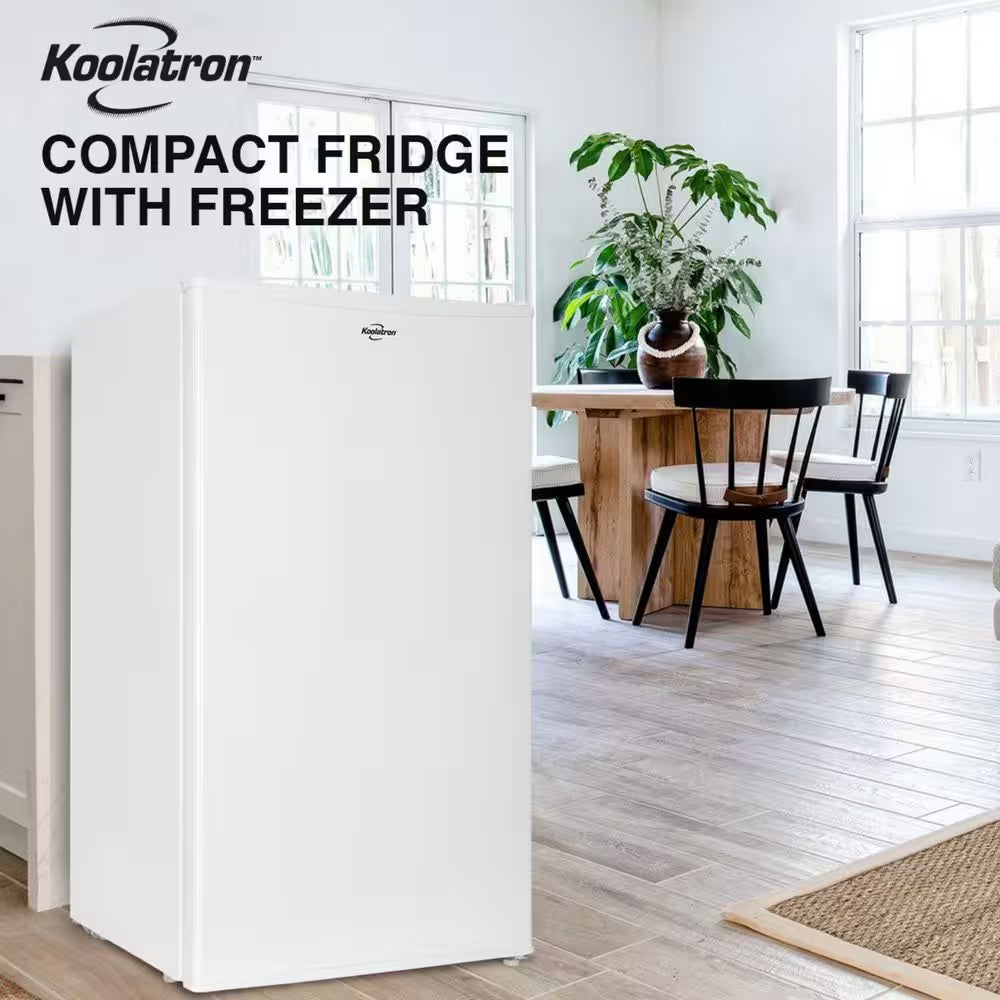 Compact Fridge with Freezer, 3.2 Cu. Ft.. (91L), White, Space-Saving Flat Back, Reversible Door