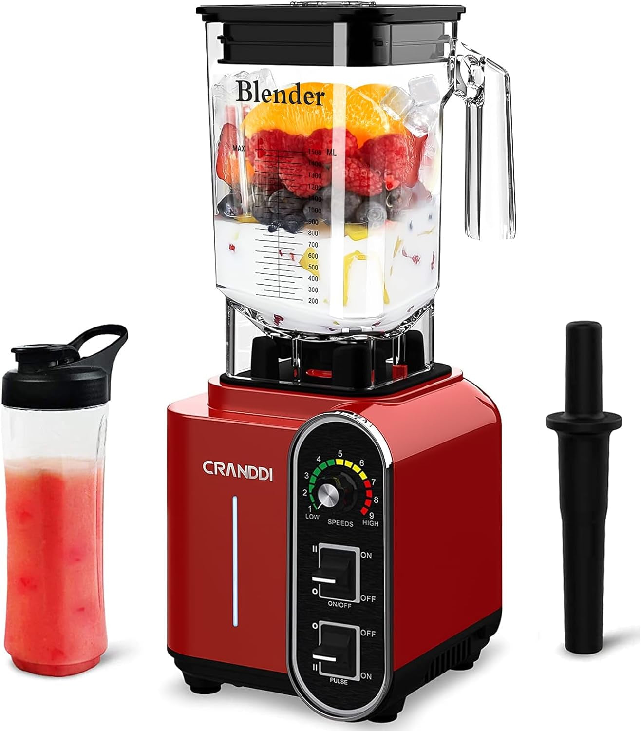 1800W Commercial Smoothie Blender - 52Oz Capacity, Stainless Steel Blade, 9 Speed Settings, Self-Cleaning & Built-In Pulse - K98C Red