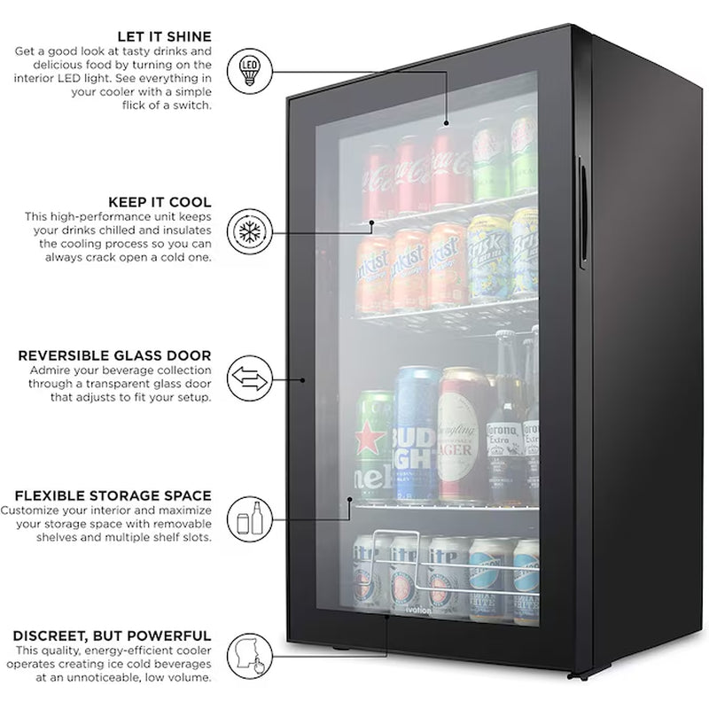 18.7-In W 126 -Can Capacity Black Freestanding Indoor Beverage Refrigerator with Glass Door