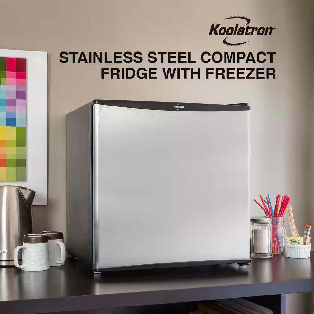 Stainless Steel Compact Fridge with Freezer, 1.6 Cu. Ft.. (44L), Flat Back, Reversible Door