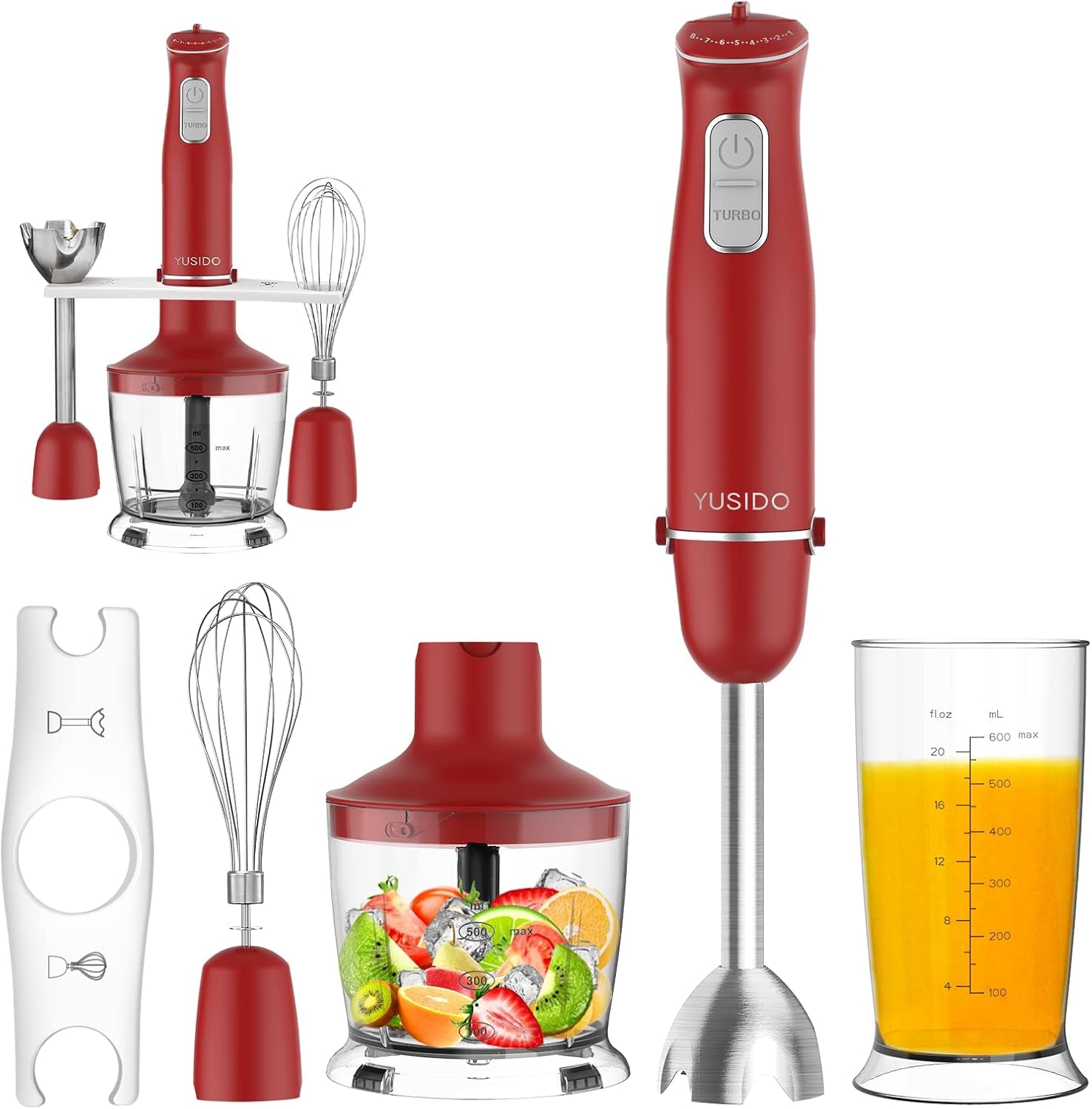 Powerful 800W Immersion Hand Blender - 4-in-1 Food Processor with Titanium Steel Blades for Smoothies, Whisking, Chopping, Soups, Juicing & Ice Crushing (Red)