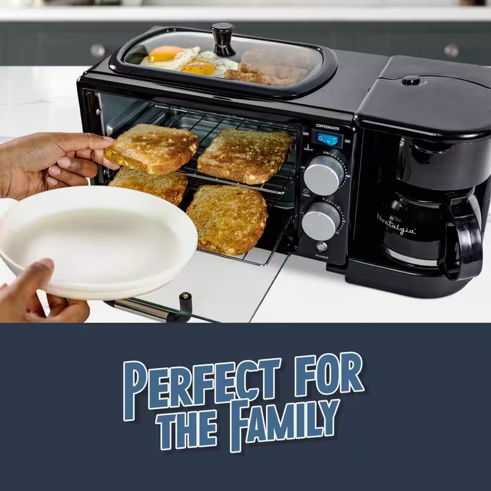 Retro 600 W 3-In-1 Toaster Oven Breakfast Station-Black
