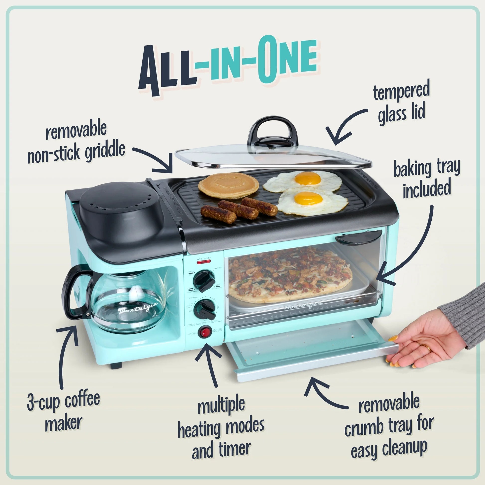 Retro 3-In-1 Breakfast Station, Coffeemaker, Griddle, Toaster Oven, Aqua