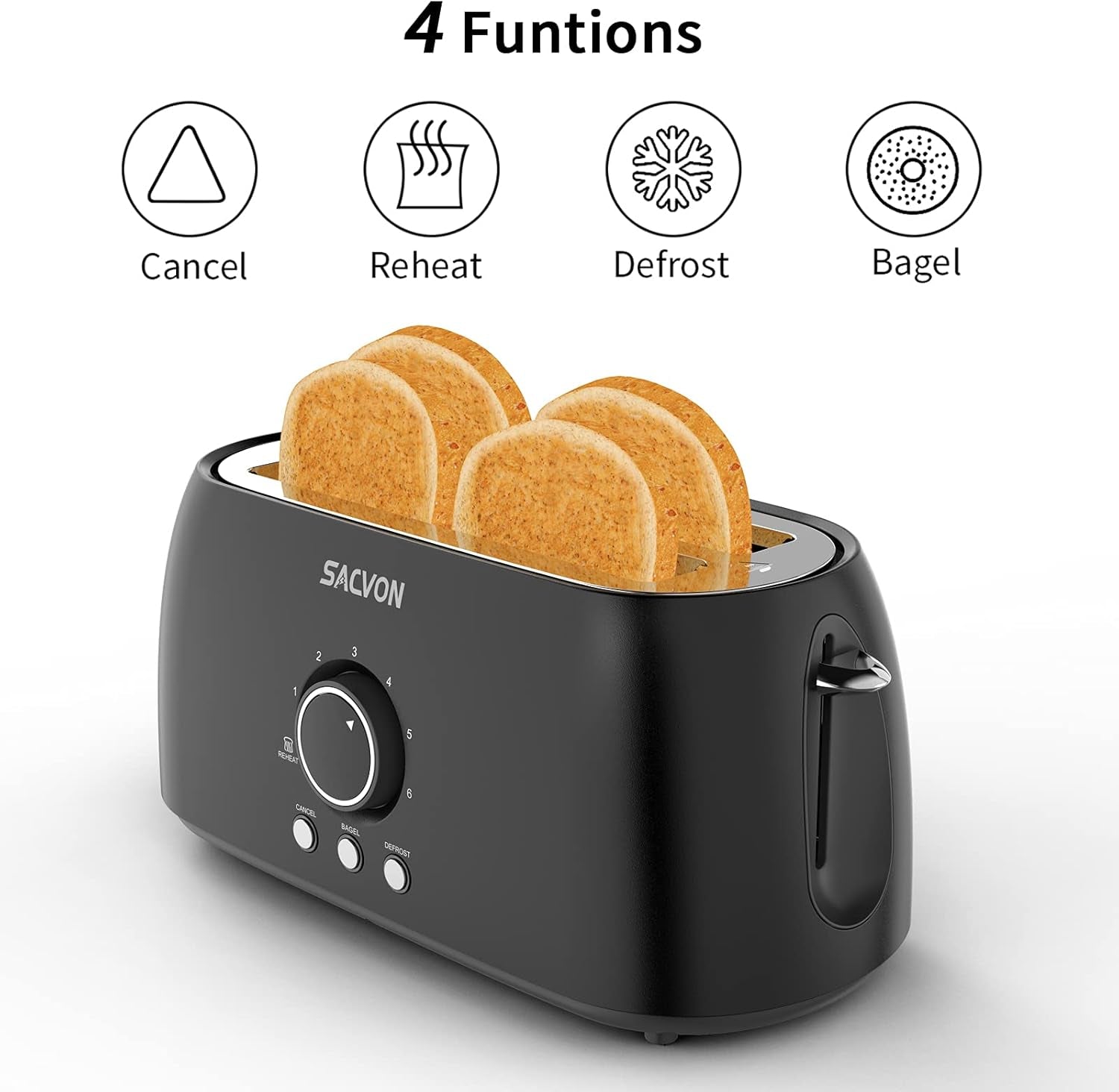 Toaster 4 Slice, Toaster 2 Long Slot,  Retro Black Toasters,Stainless Steel Toaster, Digital Timer,Bagel,Defrost,Reheat,Cancel Function,Removable Crumbs Tray, 6 Shade Settings, 1300W