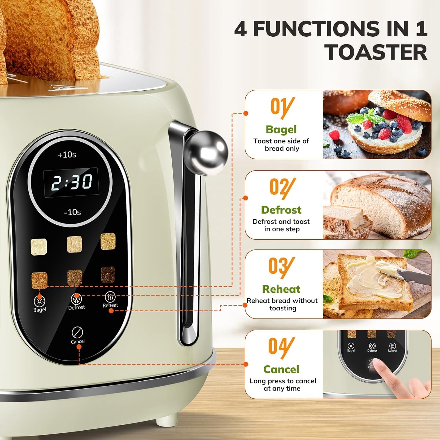 Retro Smart Touch Screen Toaster - 2 Slice Stainless Steel with 6 Browning Levels, Reheat & Defrost, Perfect for Bagels and Bread, Easy Clean Removable Crumb Tray - Beige