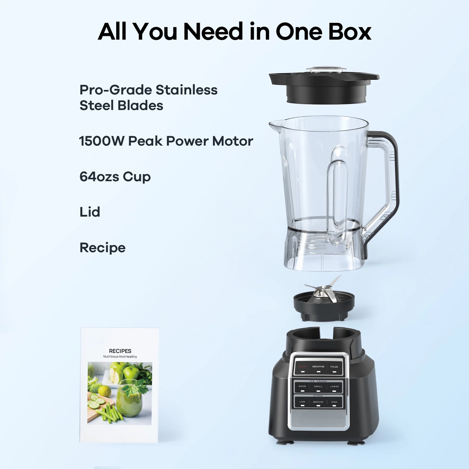 Powerful 1500W Smoothie Blender with 64oz BPA-Free Jar, 8 Smart Programs & Recipe Book - Perfect for Shakes, Ice & Frozen Fruit!