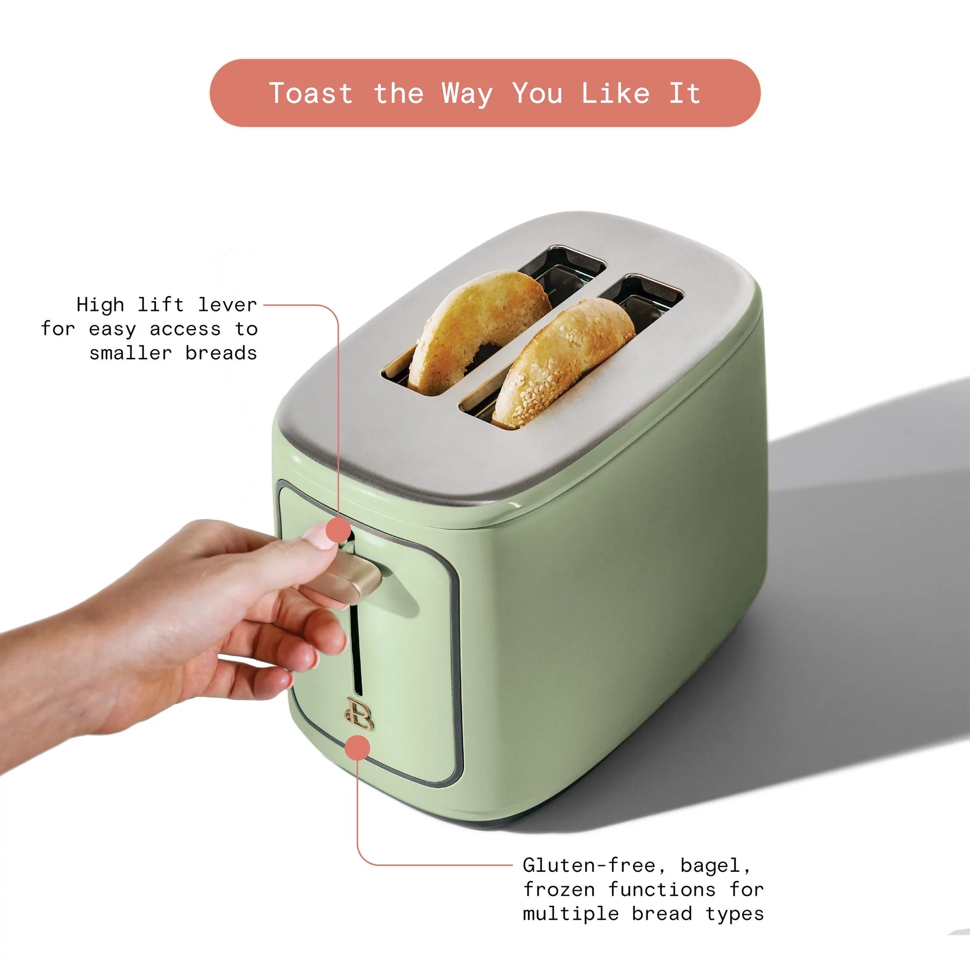 Drew Barrymore Sage Green Touch-Activated 2 Slice Toaster - Stylish & Functional Kitchen Essential
