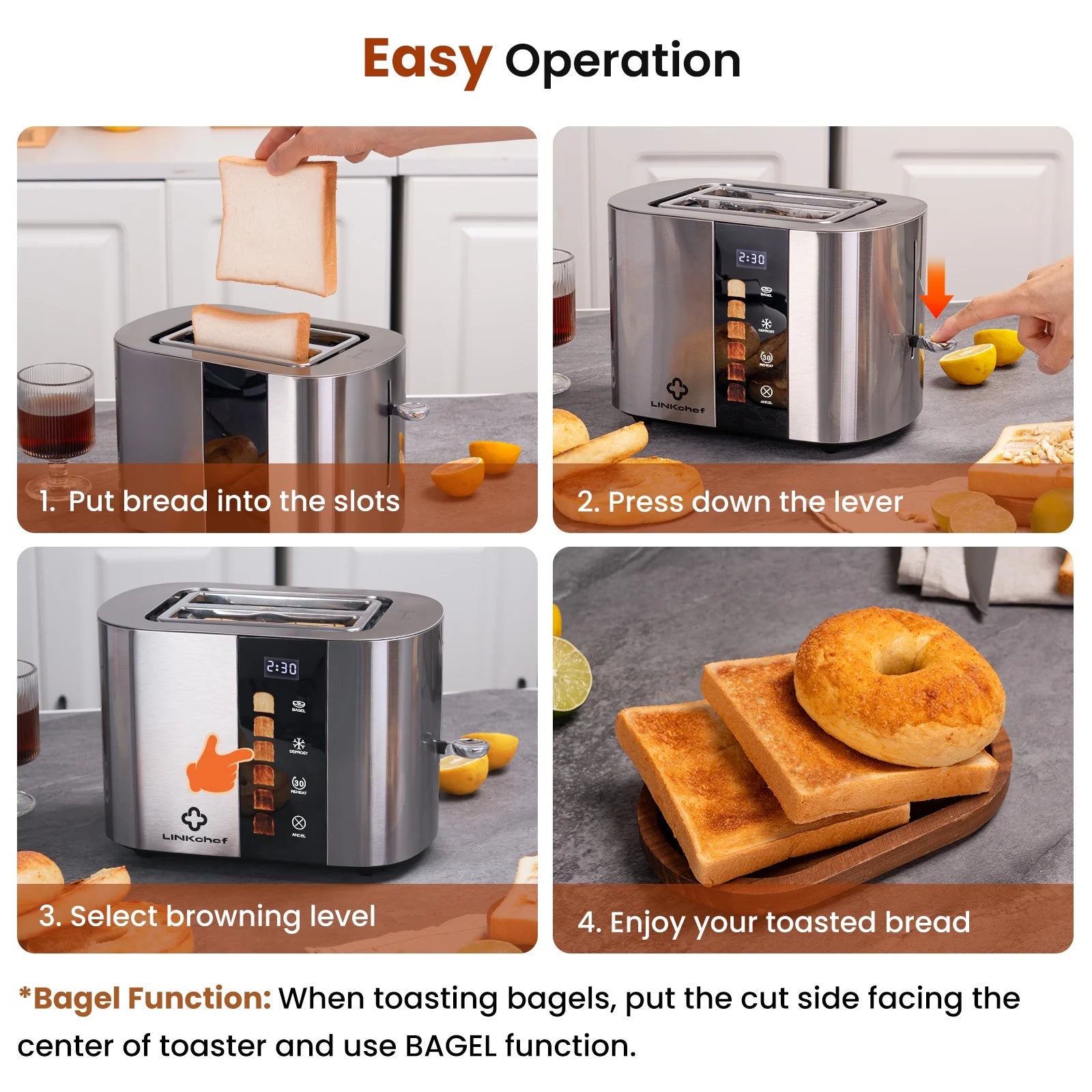 2-Slice Stainless Steel Toaster with Extra-Wide 1.5" Slots and Touch Screen Control – Perfect for Bagels, Defrosting, and Reheating!