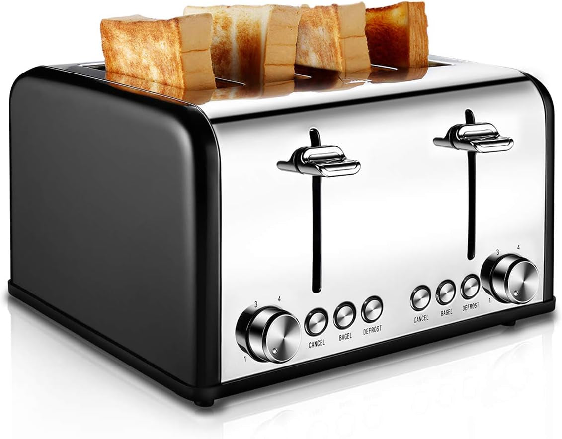 4-Slice Stainless Steel Toaster - Extra Wide Slots, 6 Shade Settings, Bagel & Defrost Functions, 1650W, Sleek Black Design