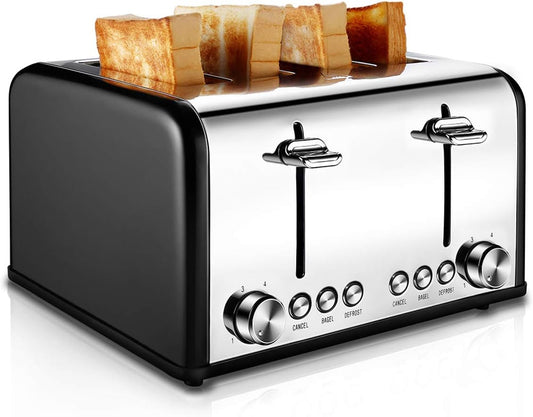 4-Slice Stainless Steel Toaster - Extra Wide Slots, 6 Shade Settings, Bagel & Defrost Functions, 1650W, Sleek Black Design