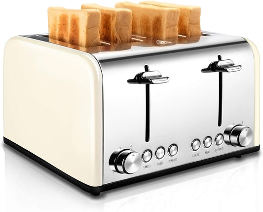 Retro 4-Slice Toaster - Stainless Steel, Extra Wide Slots, 6 Shade Settings, Bagel & Defrost Functions, 1650W, Cream