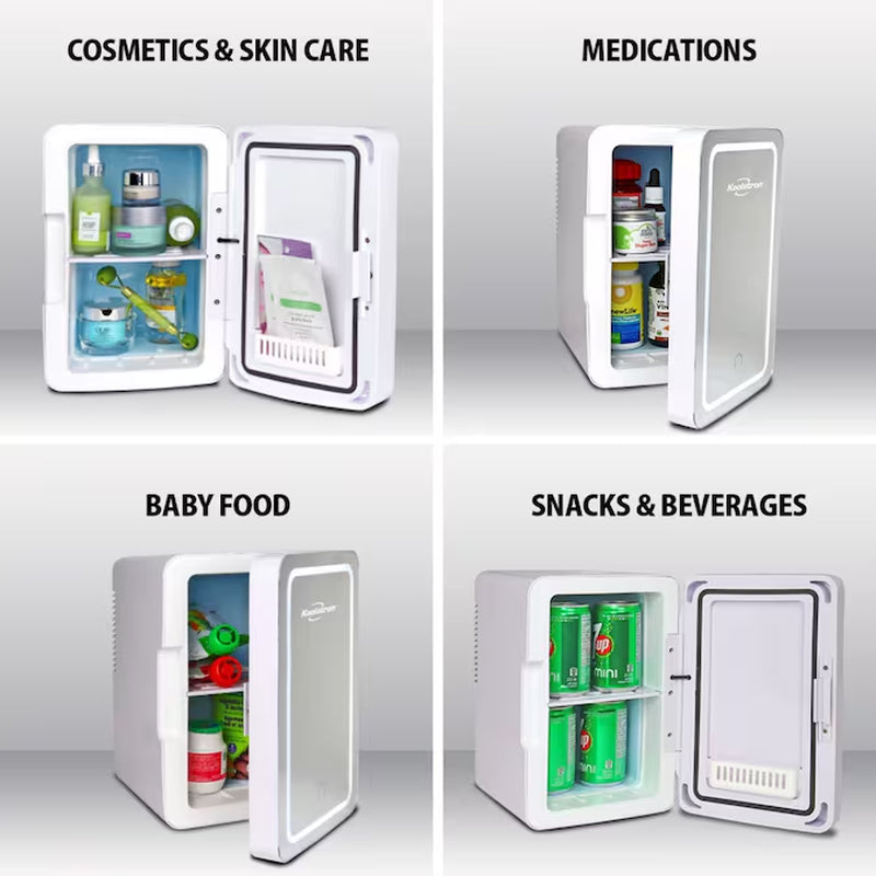 6L Cosmetics Fridge W/ Lighted Makeup Mirror 0.21-Cu Ft Mini Fridge ( White, Silver )