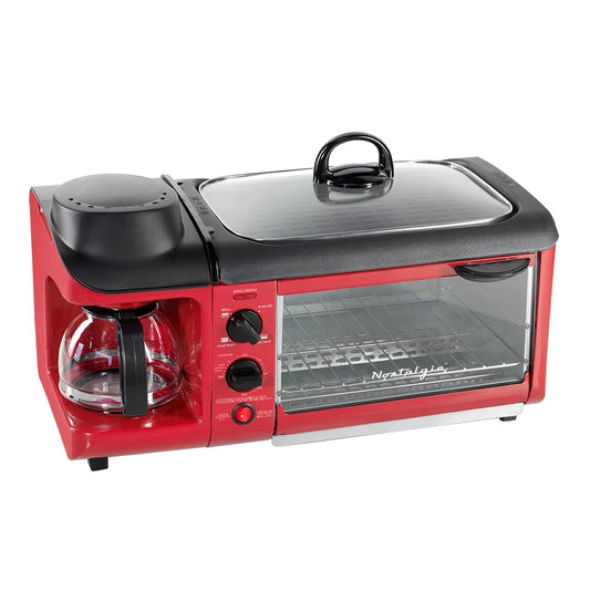 BST3RR Retro 3-In-1 Electric Breakfast Station - Family Size Coffeemaker, Griddle & Toaster Oven in Retro Red