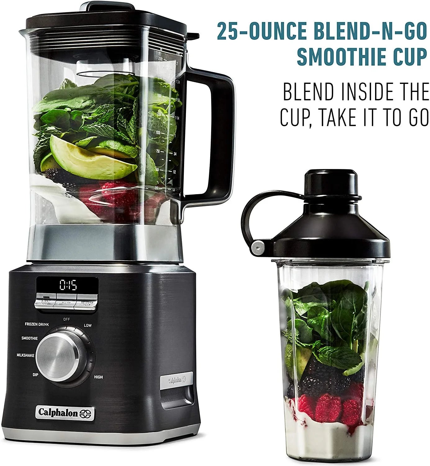 Auto-Speed 2-Liter Blender with Blend-N-Go Smoothie Cup - Sleek Dark Stainless Steel Design