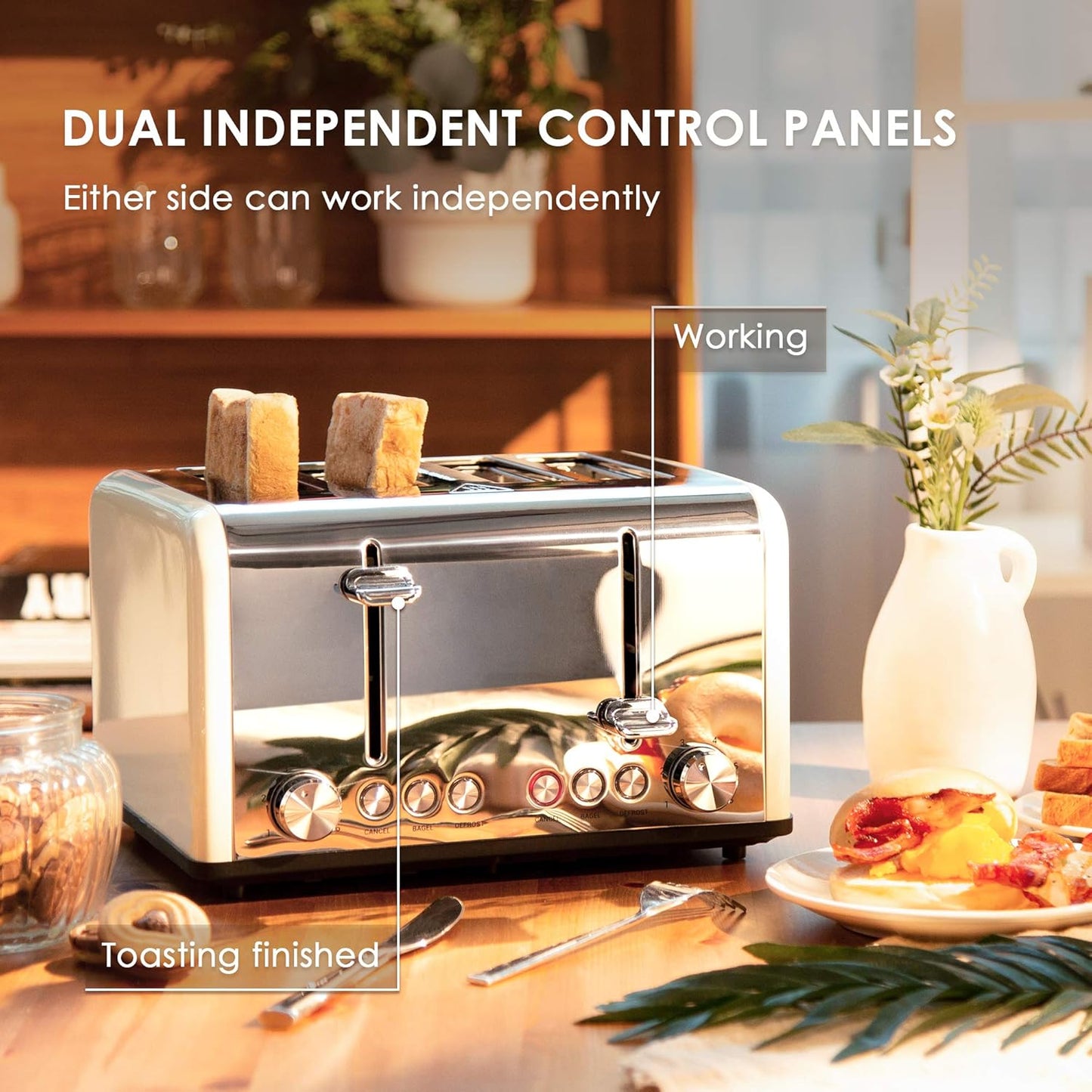 Retro 4-Slice Toaster - Stainless Steel, Extra Wide Slots, 6 Shade Settings, Bagel & Defrost Functions, 1650W, Cream