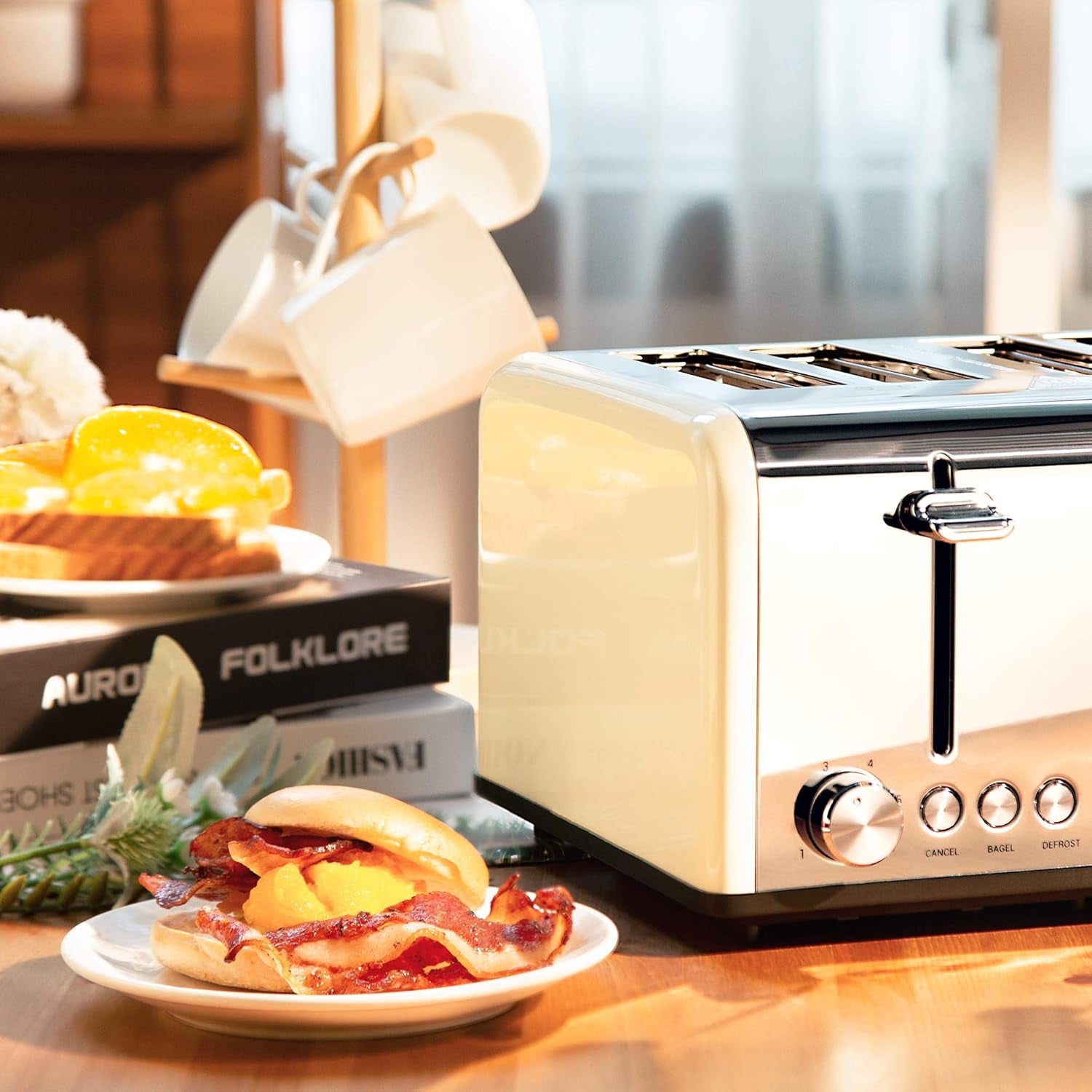 Retro 4-Slice Toaster - Stainless Steel, Extra Wide Slots, 6 Shade Settings, Bagel & Defrost Functions, 1650W, Cream