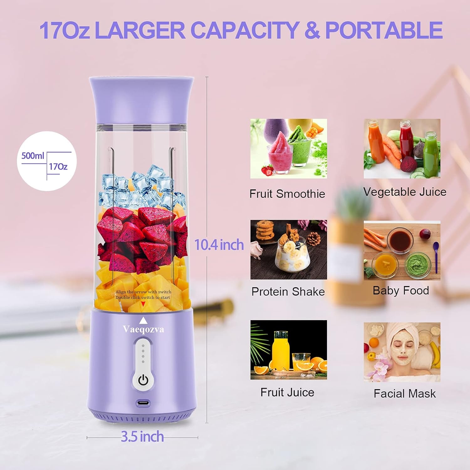 17 Oz Waterproof Portable Blender - USB Rechargeable Mini Juicer for Smoothies and Shakes, Perfect for Travel, Home, Sports, and Outdoors - Stylish Purple Design