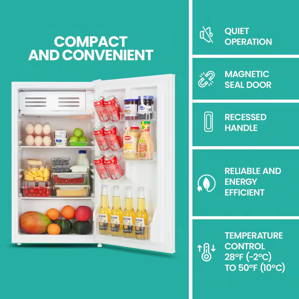 Compact Fridge with Freezer, 3.2 Cu. Ft.. (91L), White, Space-Saving Flat Back, Reversible Door