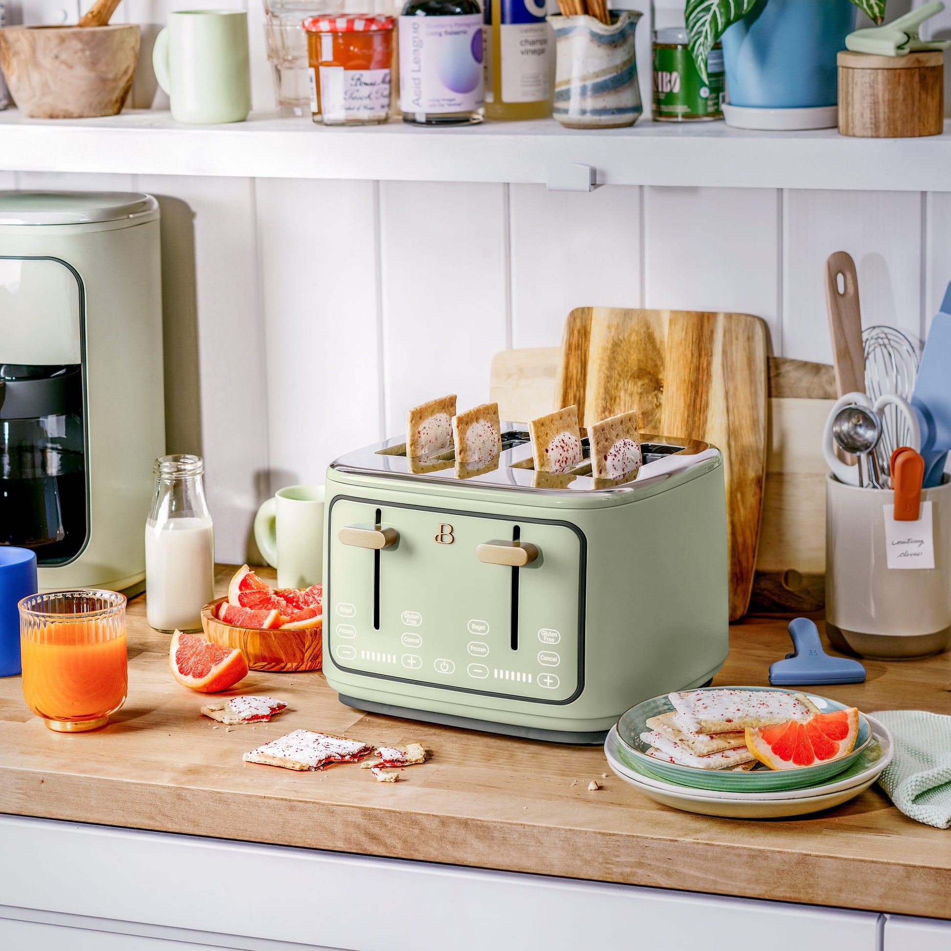Sleek Sage Green 4-Slice Toaster with Touch-Activated Display by Drew Barrymore