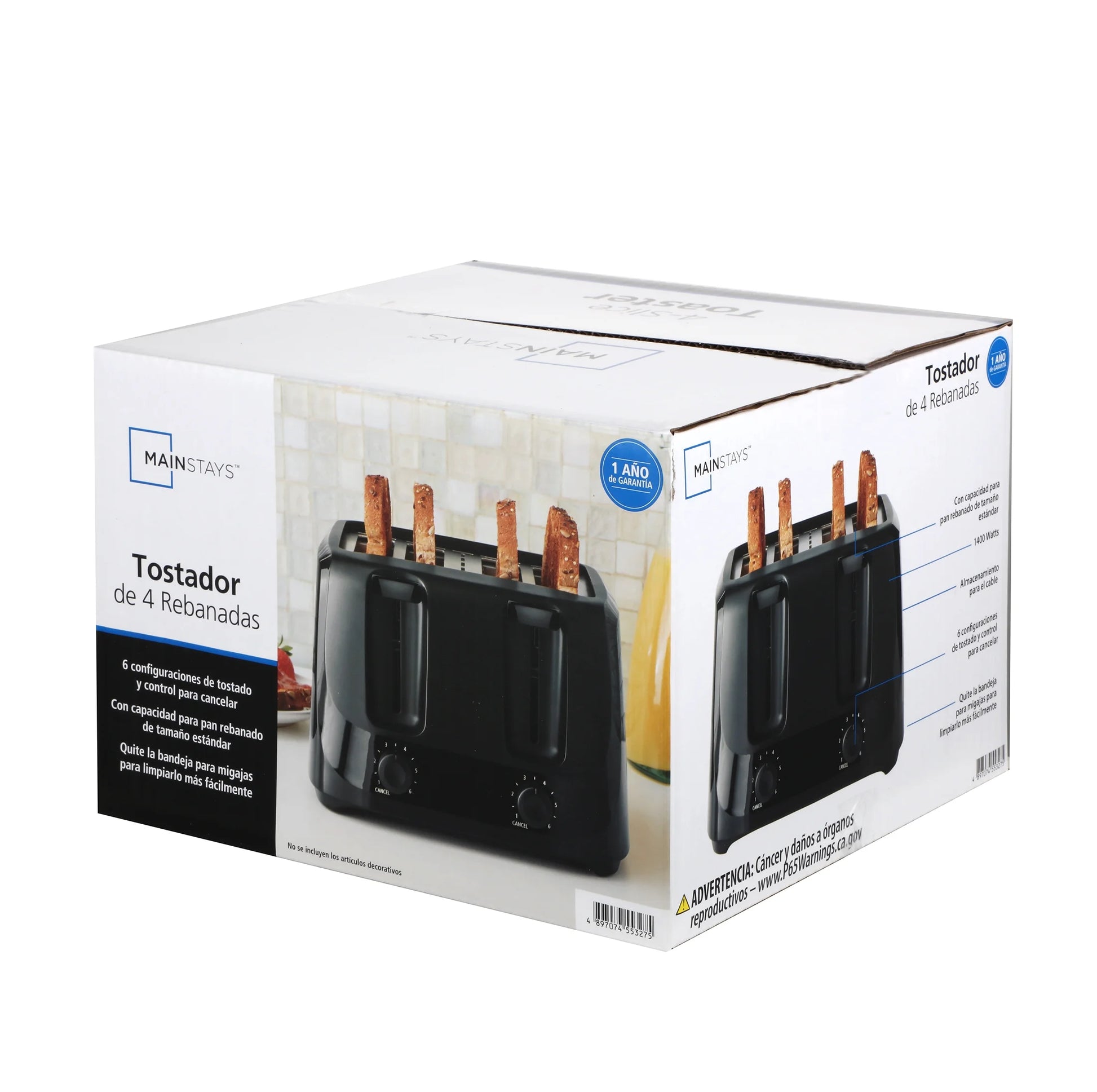 Black 4-Slice Toaster with 6 Shade Settings & Easy-Clean Removable Crumb Tray