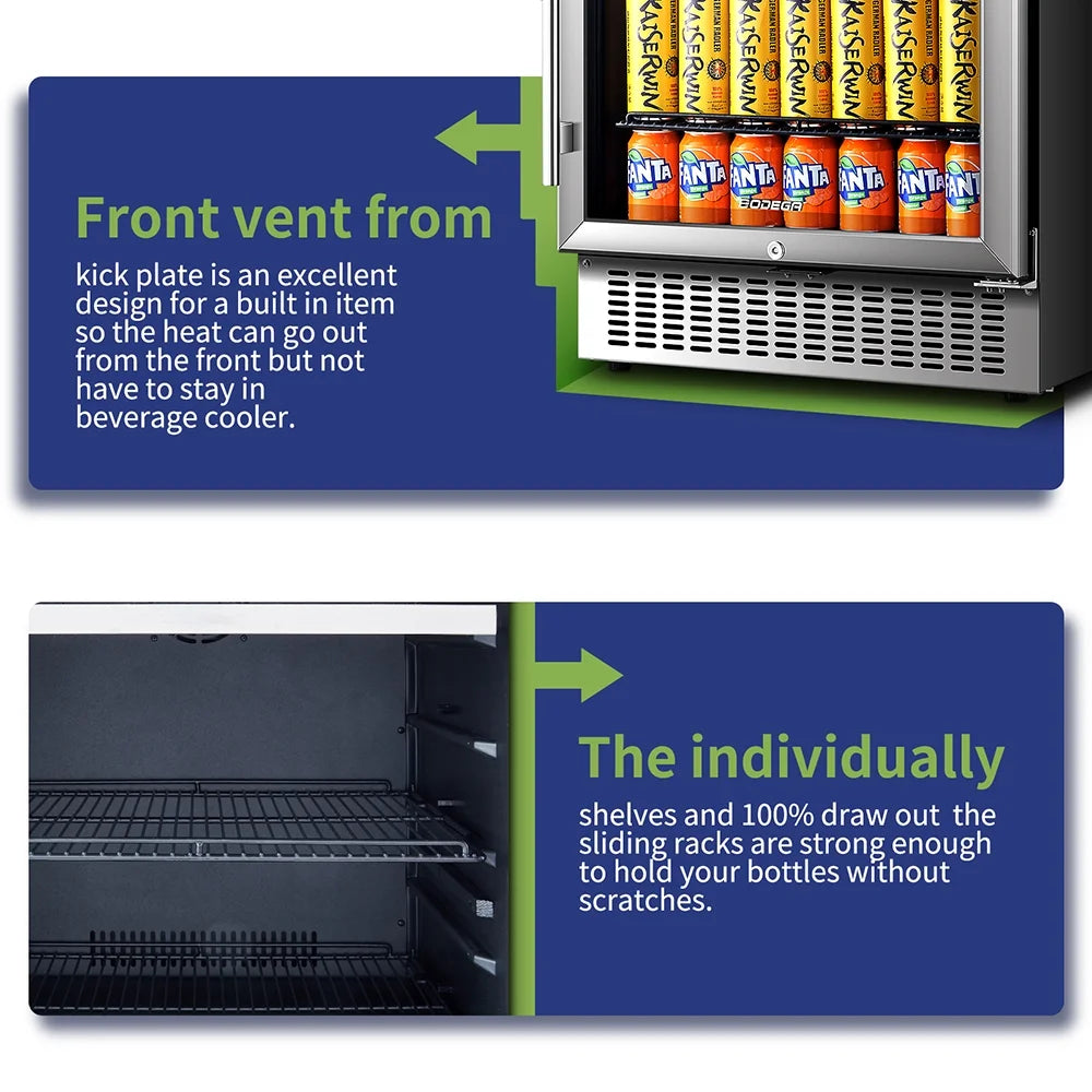 24" Beverage Refrigerator - 180 Can Capacity, Built-In & Freestanding, Touch Screen Control, Dual Layer Glass Door, Removable Shelves & Safety Lock for Beer, Soda & Water