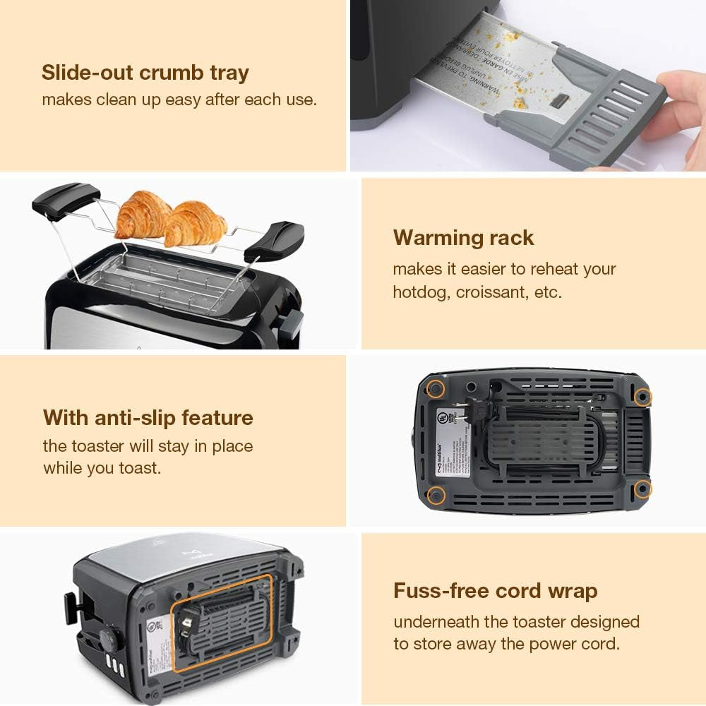 Stainless Steel 2-Slice Toaster with Extra Wide Slots, 7 Shade Settings, and Removable Crumb Tray - Perfect for Bagels and More!