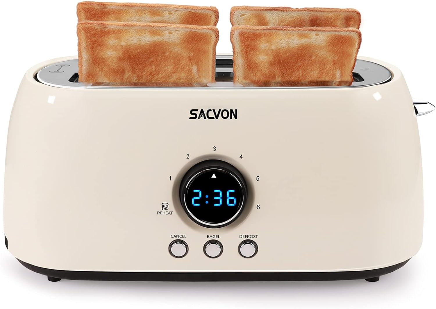 Toaster 4 Slice, Toaster 2 Long Slot,  Stainless Steel Toaster, Bagel, Defrost, Cancel, Reheat Function, Digital Timer, Removable Tray, 6 Shade Setting, Beige