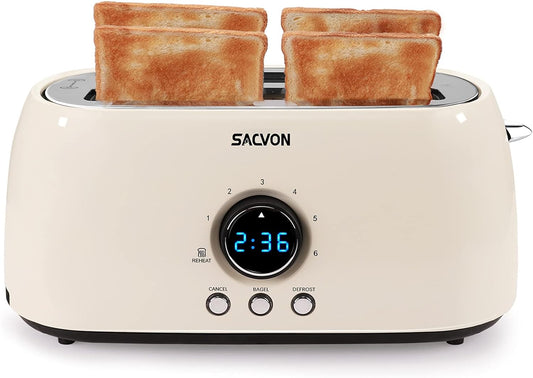 Toaster 4 Slice, Toaster 2 Long Slot,  Stainless Steel Toaster, Bagel, Defrost, Cancel, Reheat Function, Digital Timer, Removable Tray, 6 Shade Setting, Beige