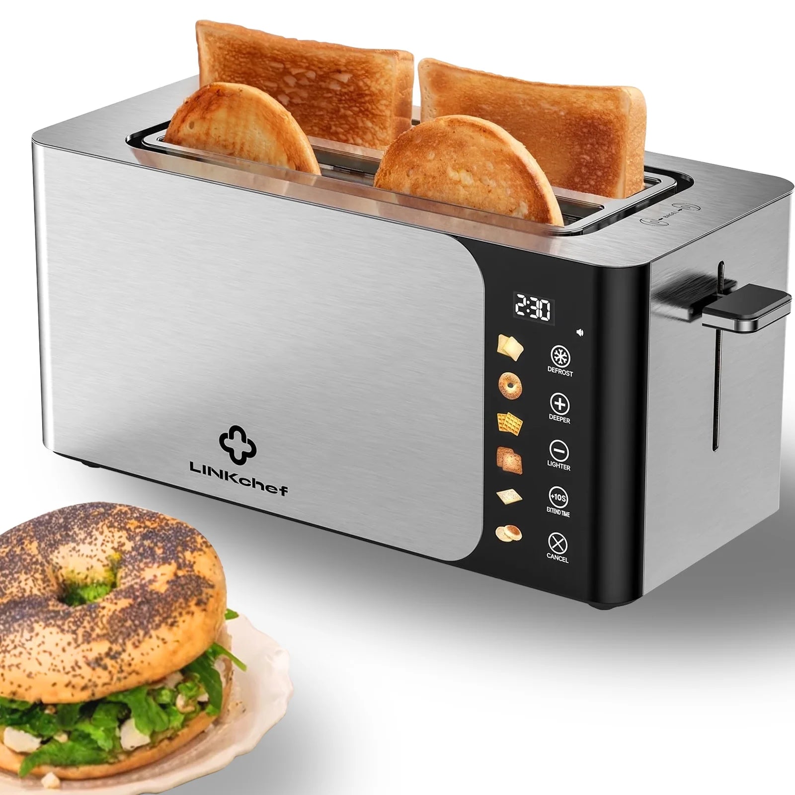 Smart 4-Slice Toaster – Touch Screen Control, Extra-Wide Slots, Stainless Steel with Timer, Defrost & Reheat Functions