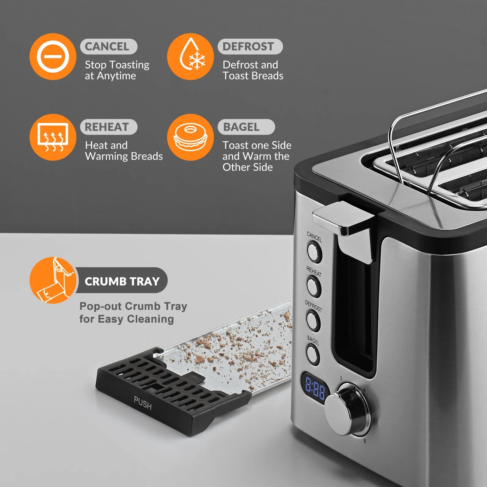 Stainless Steel 4-Slice Toaster with Countdown Timer and Crumb Tray - 1300 Watts, Sleek Silver Design