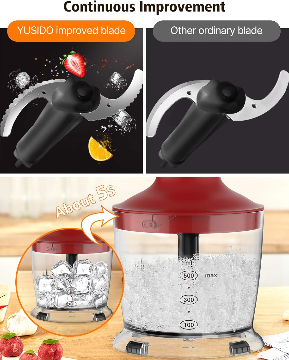 Powerful 800W Immersion Hand Blender - 4-in-1 Food Processor with Titanium Steel Blades for Smoothies, Whisking, Chopping, Soups, Juicing & Ice Crushing (Red)