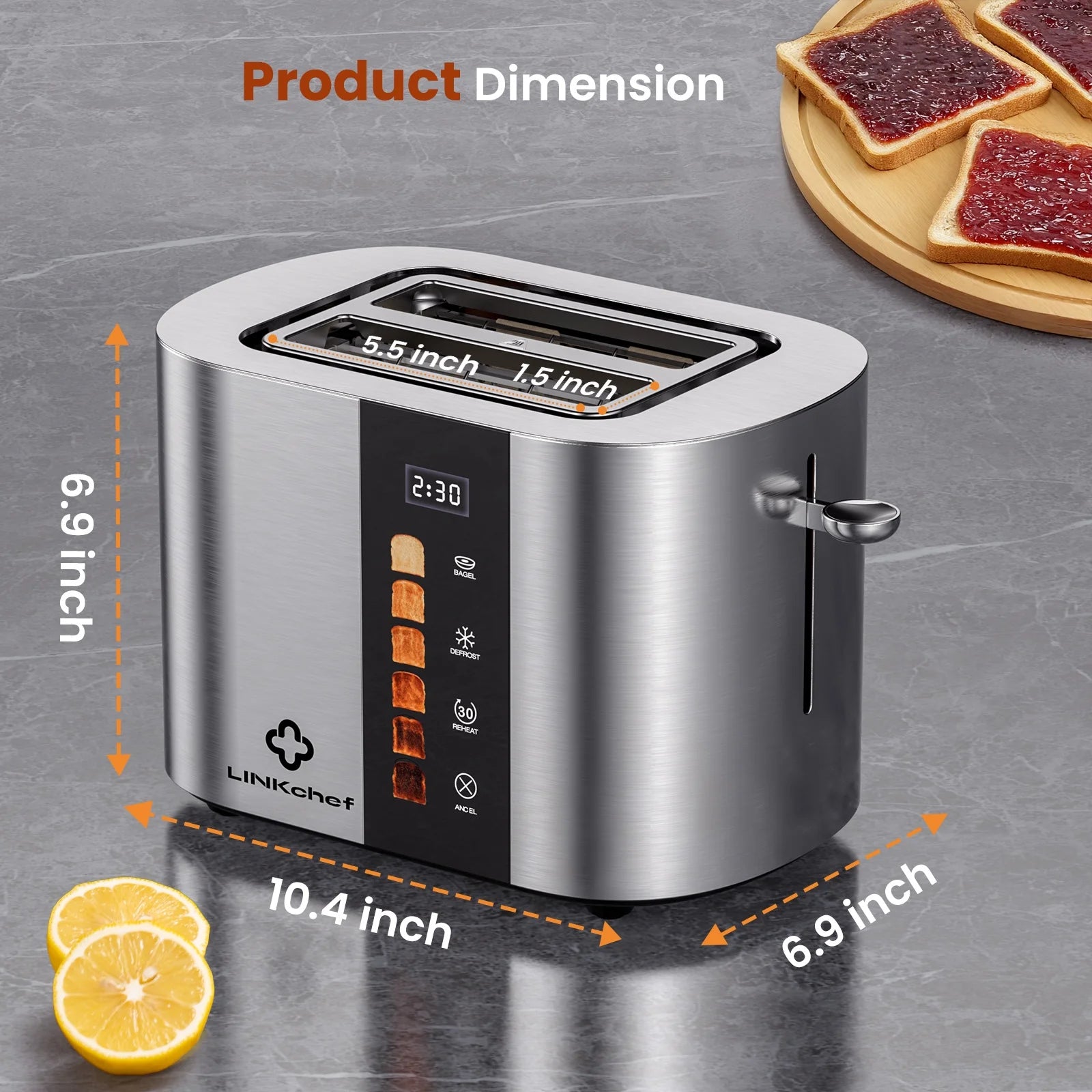2-Slice Stainless Steel Toaster with Extra-Wide 1.5" Slots and Touch Screen Control – Perfect for Bagels, Defrosting, and Reheating!