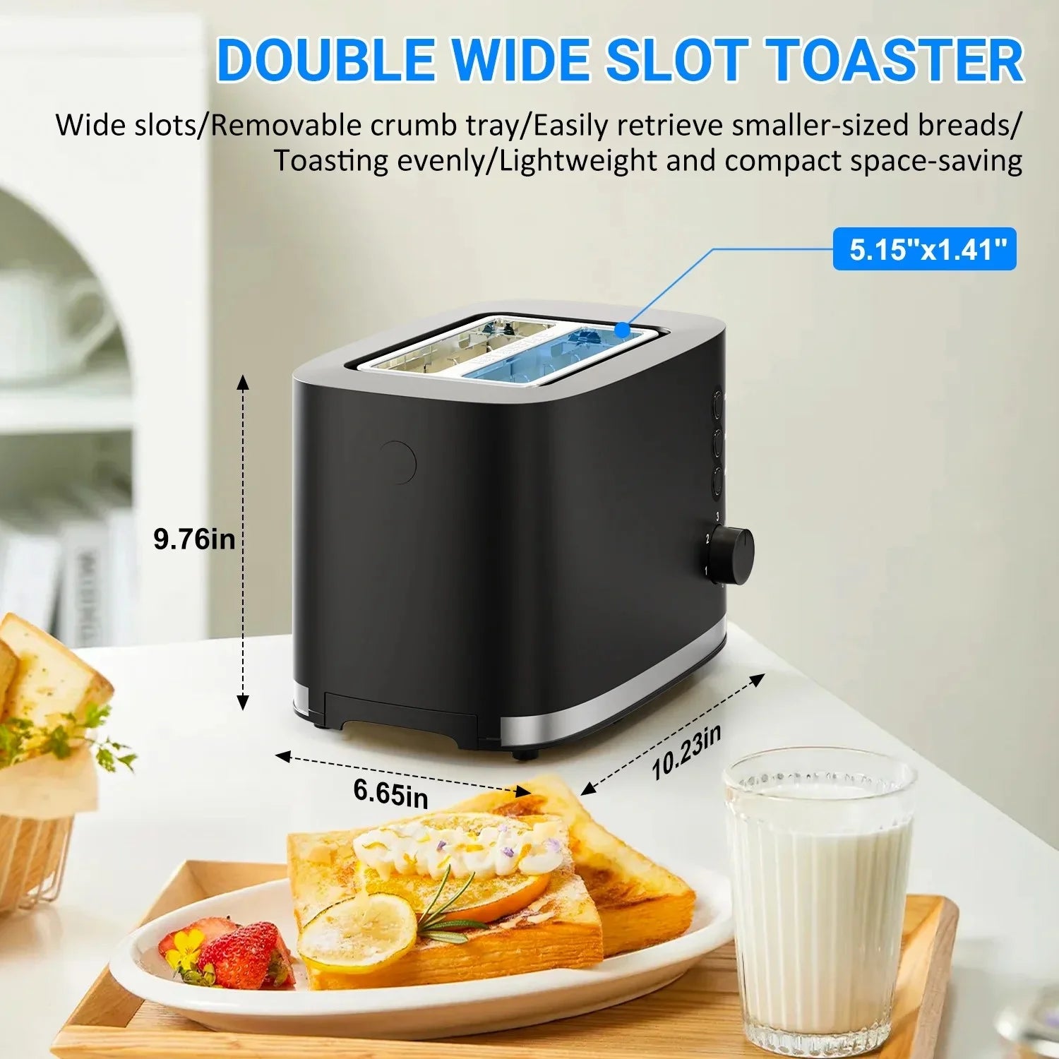 Wide Slot 2 Slice Toaster: Bread Toaster with Removable Crumb Tray, 6 Bread Shade Settings, Auto-Shutoff, Cord Storage under Base, Black, 2PCS