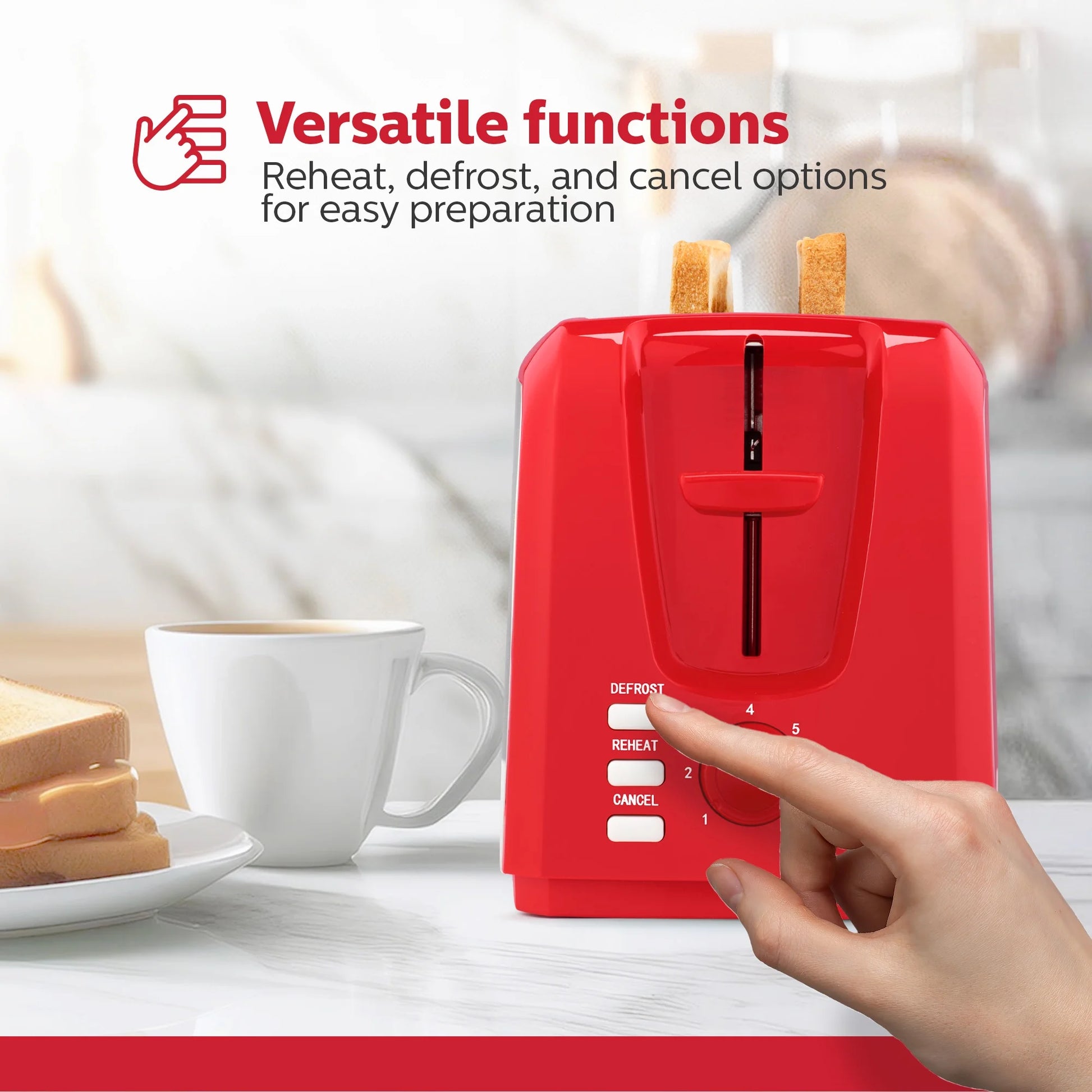 Stylish Red 2-Slice Toaster with Defrost & Reheat Functions