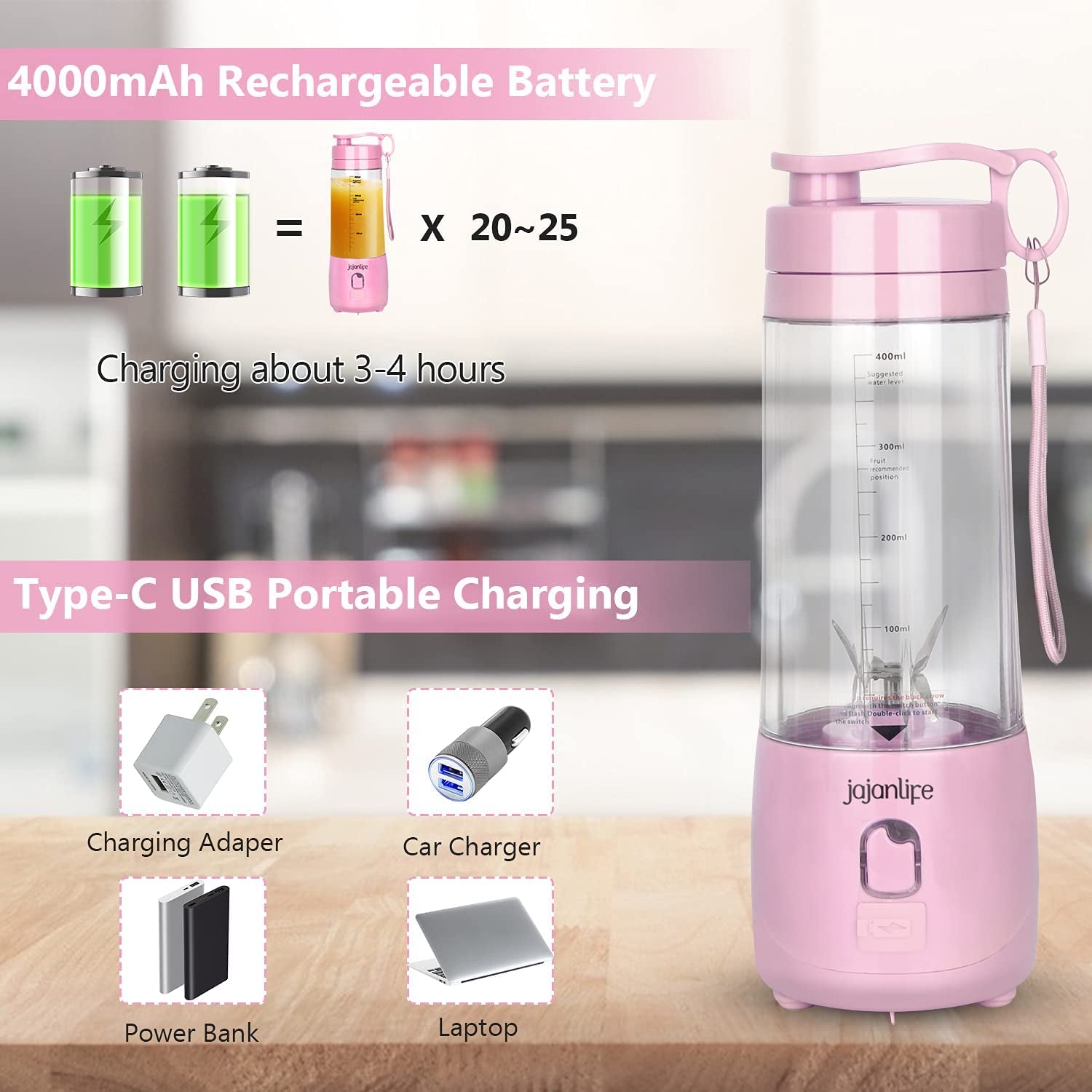 Compact Pink Portable Blender - Rechargeable 4000mAh Mini Travel Smoothie Maker with 3D Six Blades - Perfect for Home, Sports & Outdoor Use (13.5oz)
