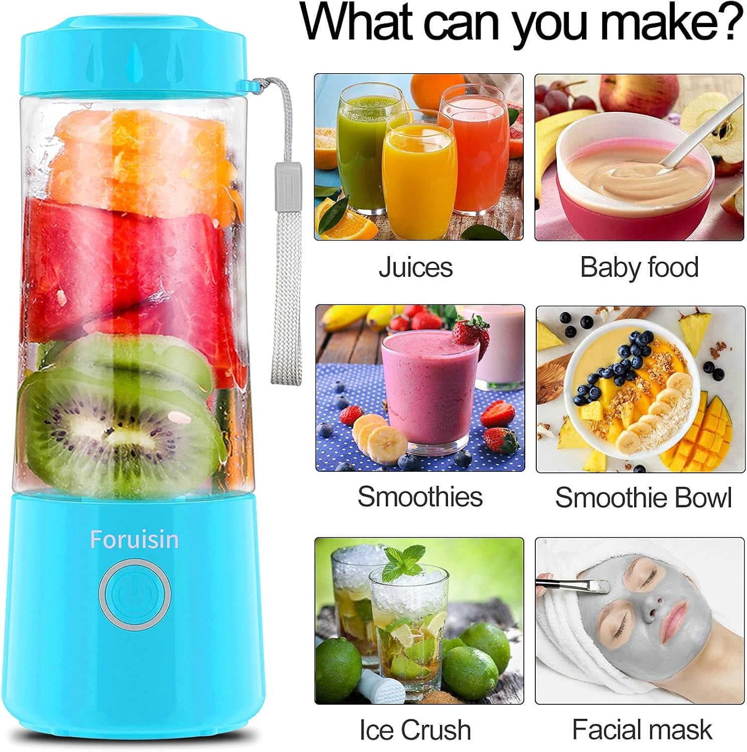 14 OZ Portable Blender - USB Rechargeable Personal Smoothie Maker with Six Blades - Perfect for Baby Milkshakes - Stylish Blue Design