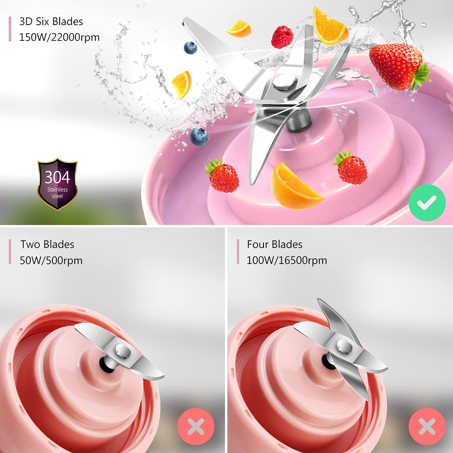 Compact Pink Portable Blender - Rechargeable 4000mAh Mini Travel Smoothie Maker with 3D Six Blades - Perfect for Home, Sports & Outdoor Use (13.5oz)