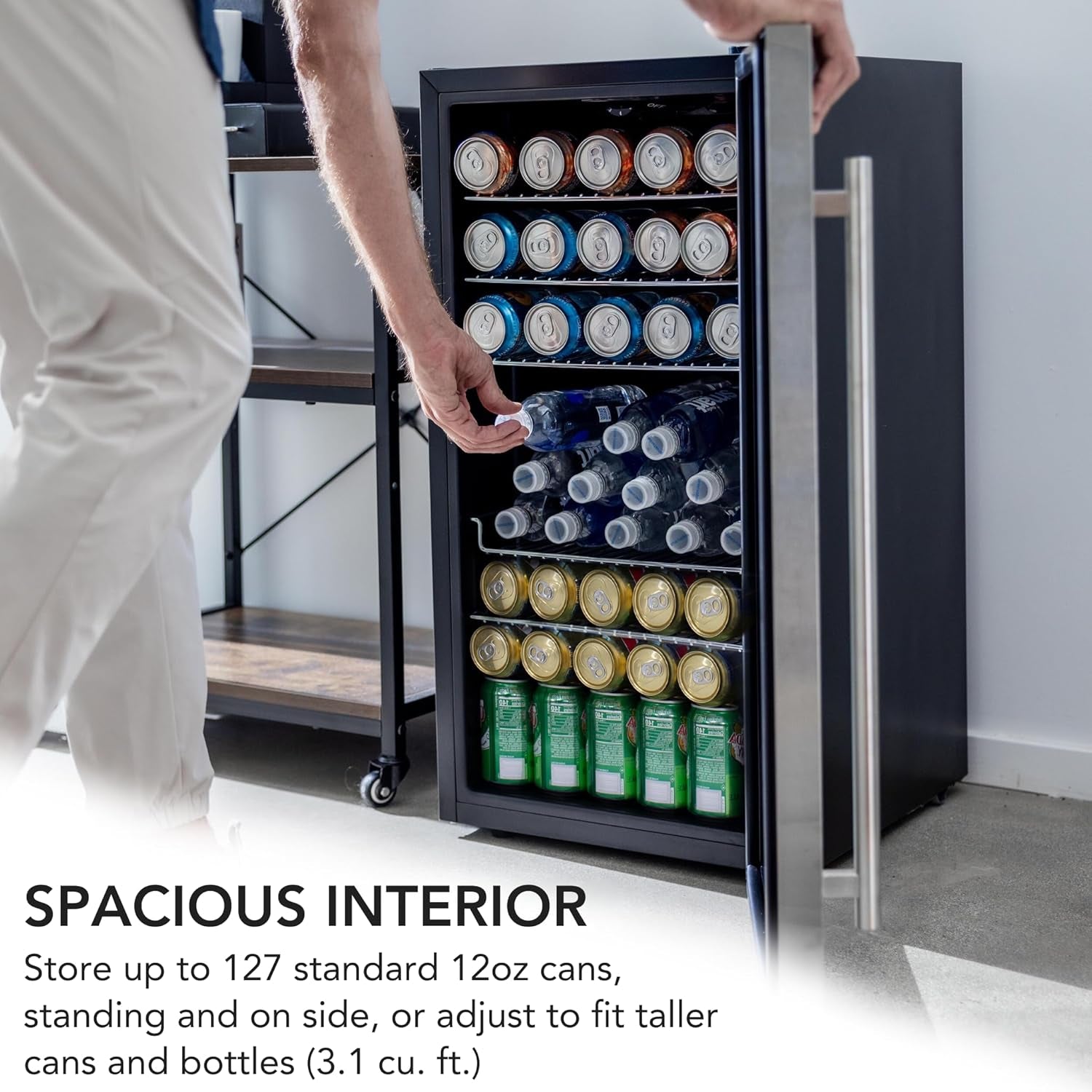 127-Can Stainless Steel Beverage Refrigerator with Double-Layer Glass Door - 3.1 Cu Ft Freestanding Mini Fridge