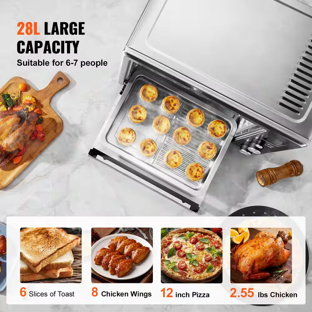 10-In-1 Convection Oven, 28L/30 Qt. Multifunctional Conventional Oven in Silver Countertop 1800-Watt 4-Tier Roaster Oven