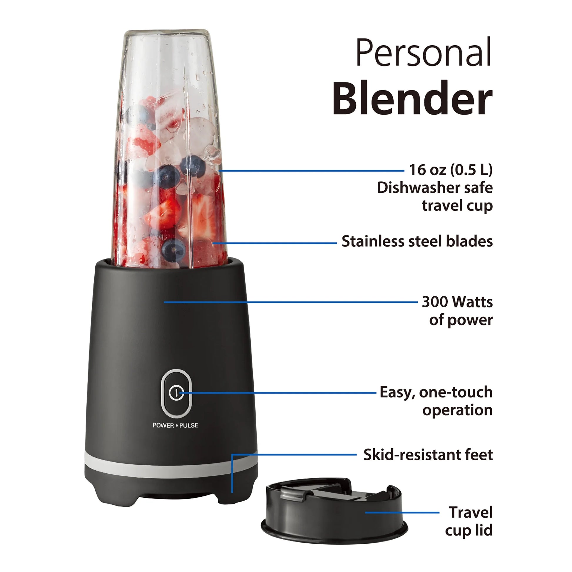 16 Oz Black Single-Serve Blender with Travel Lid - Perfect for On-the-Go Smoothies!